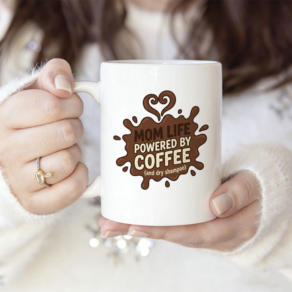Tailorly White Ceramic 11 oz Mug - Mom Life Powered By Coffee And Dry Shampoo Brown Coffee Splatter Design With Heart Shaped Swirl Elements Mug