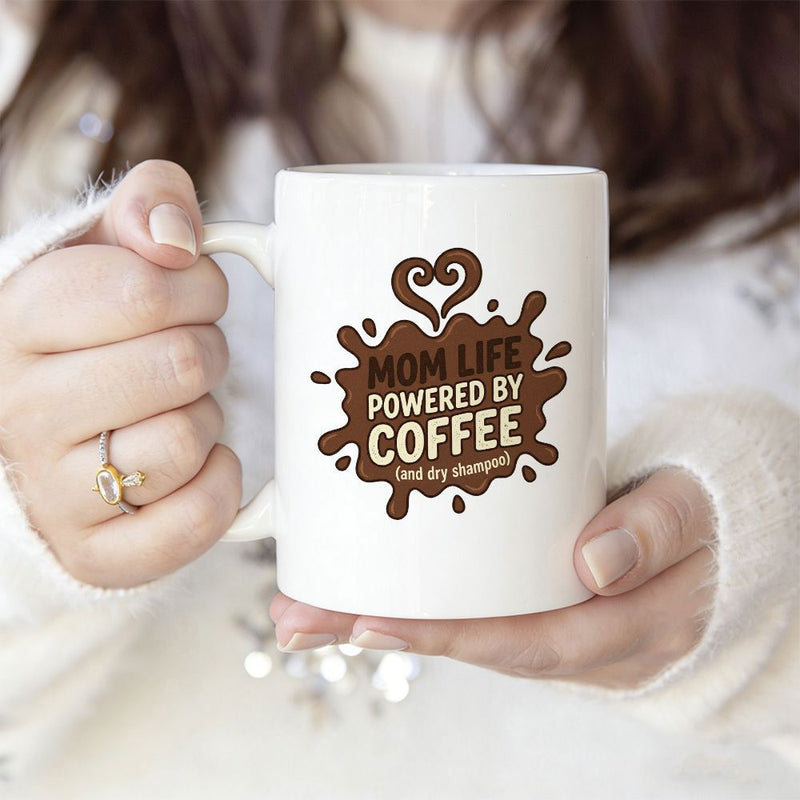 Tailorly White Ceramic 11 oz Mug - Mom Life Powered By Coffee And Dry Shampoo Brown Coffee Splatter Design With Heart Shaped Swirl Elements Mug