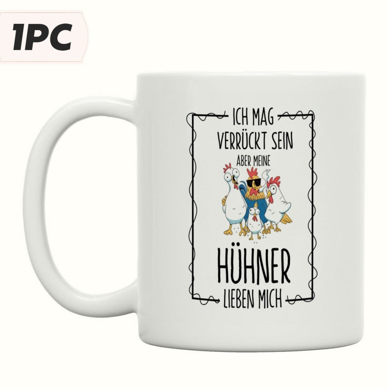Tailorly White Ceramic 11 oz Mug - Cartoon Chickens Standing Together Inside A Rectangular Decorative Line Frame Chicken