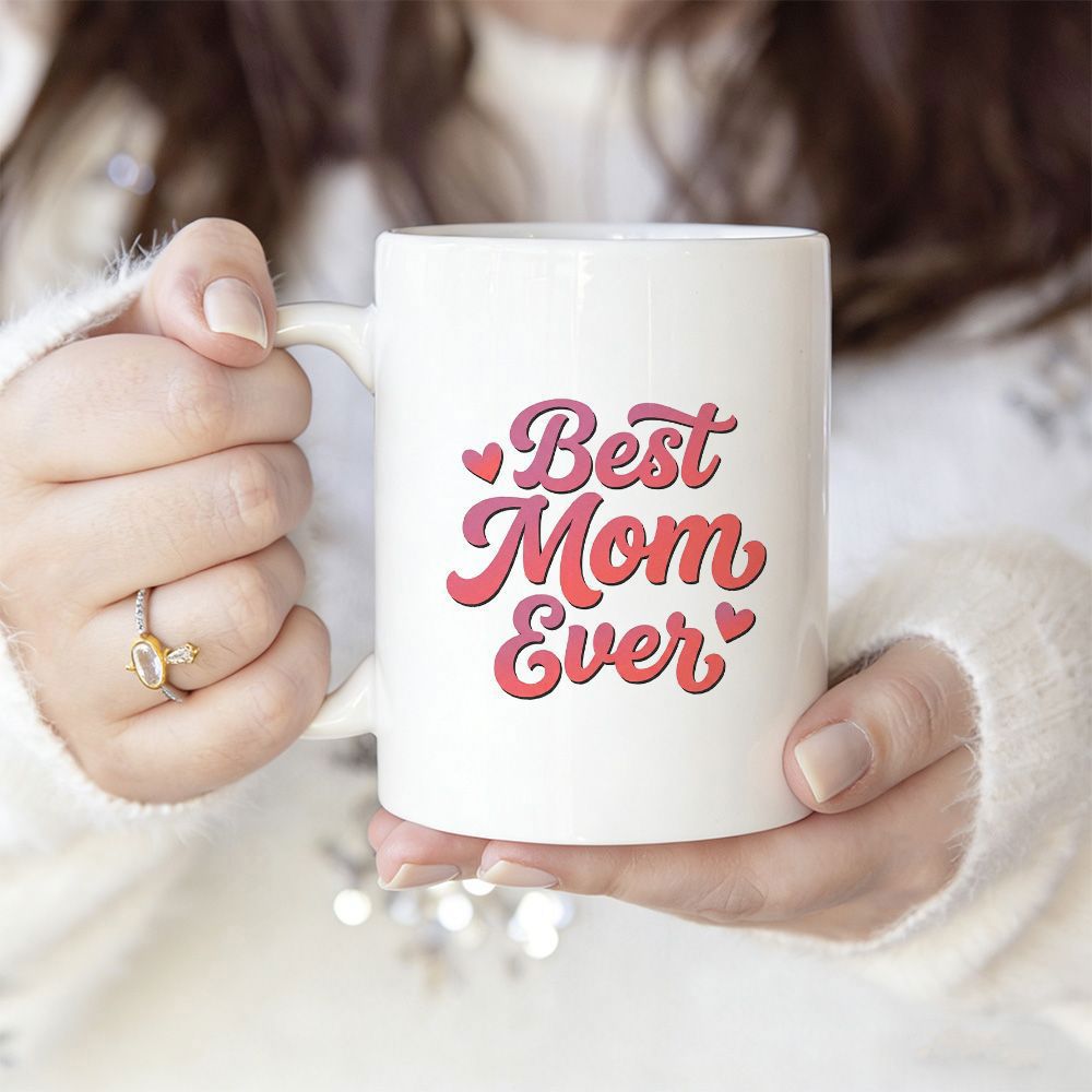 Tailorly White Ceramic 11 oz Mug - Best Mom Ever Minimalist Featuring Elegant Retro Script With Decorative Hearts Mug