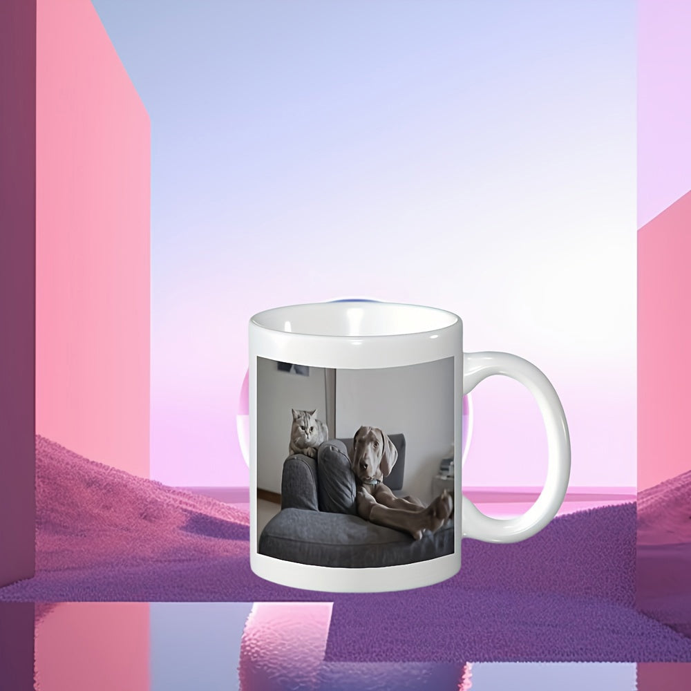 Tailorly White Ceramic 11 oz Mug - Adorable Grey Cat And Dog Resting Together On A Soft Grey Couch