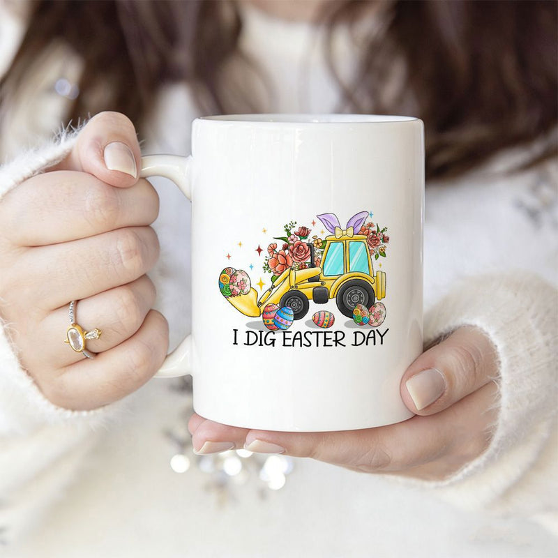 Tailorly White Ceramic 11 oz Mug - I Dig Easter Day Colorful Easter Eggs Among Floral Blossoms Adorning A Bright Yellow Construction Excavator