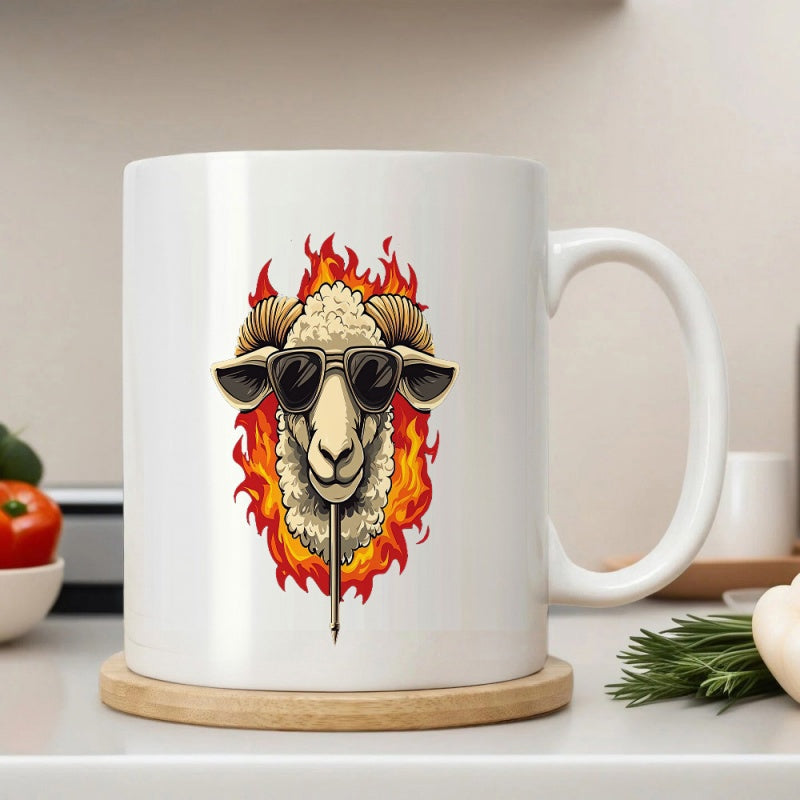 Tailorly White Ceramic 11 oz Mug - Cool Stylized Sunglasses Surrounded By Blazing Hot Intense Orange Flames Ram