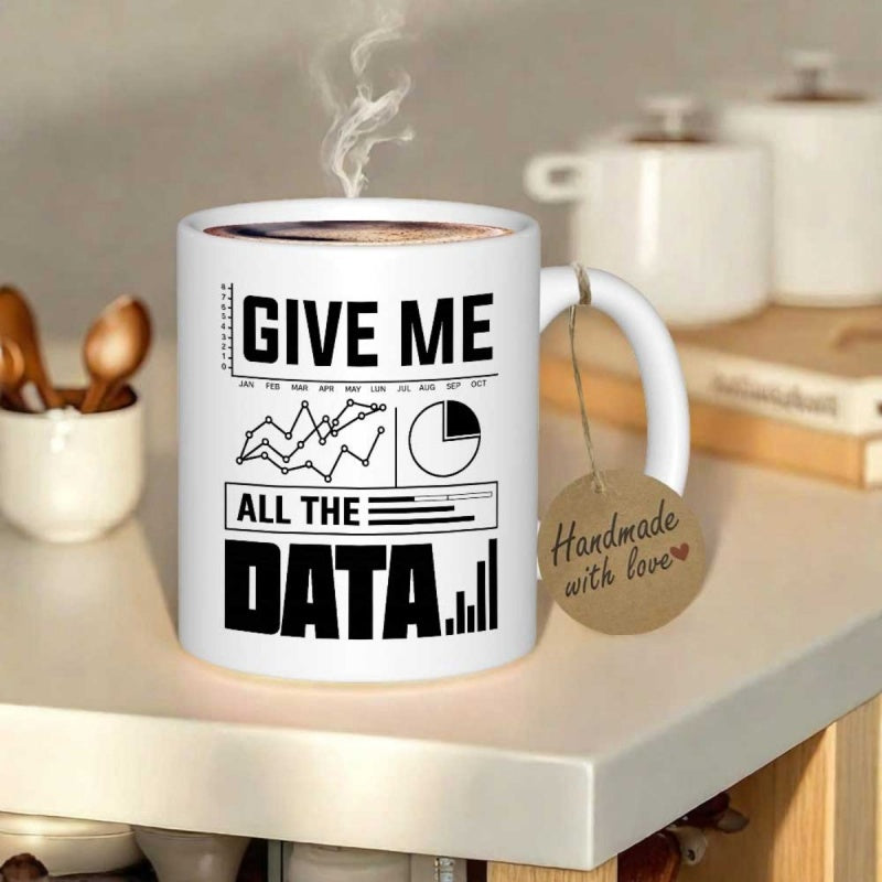 Tailorly White Ceramic 11 oz Mug - Give Me All The Data Minimalist Geometric Black Charts With Line And Pie Graph Symbols Mug