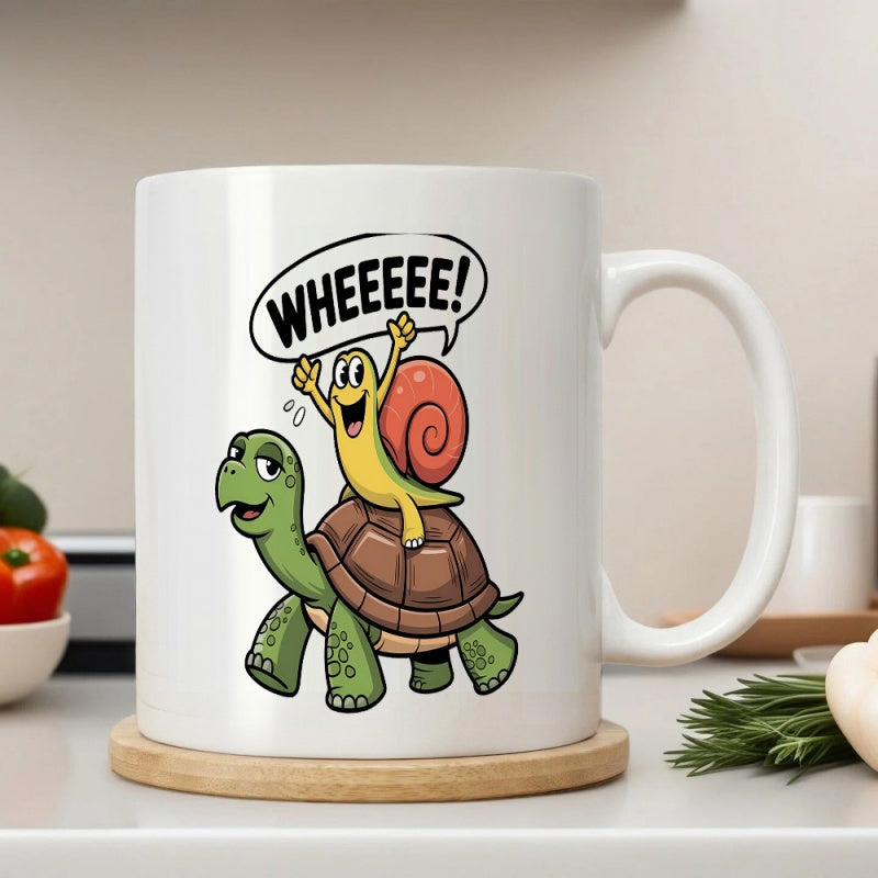 Tailorly White Ceramic 11 oz Mug - Wheeeee Enthusiastic Little Yellow Snail Riding On Top Of A Friendly Green Cartoon Turtle