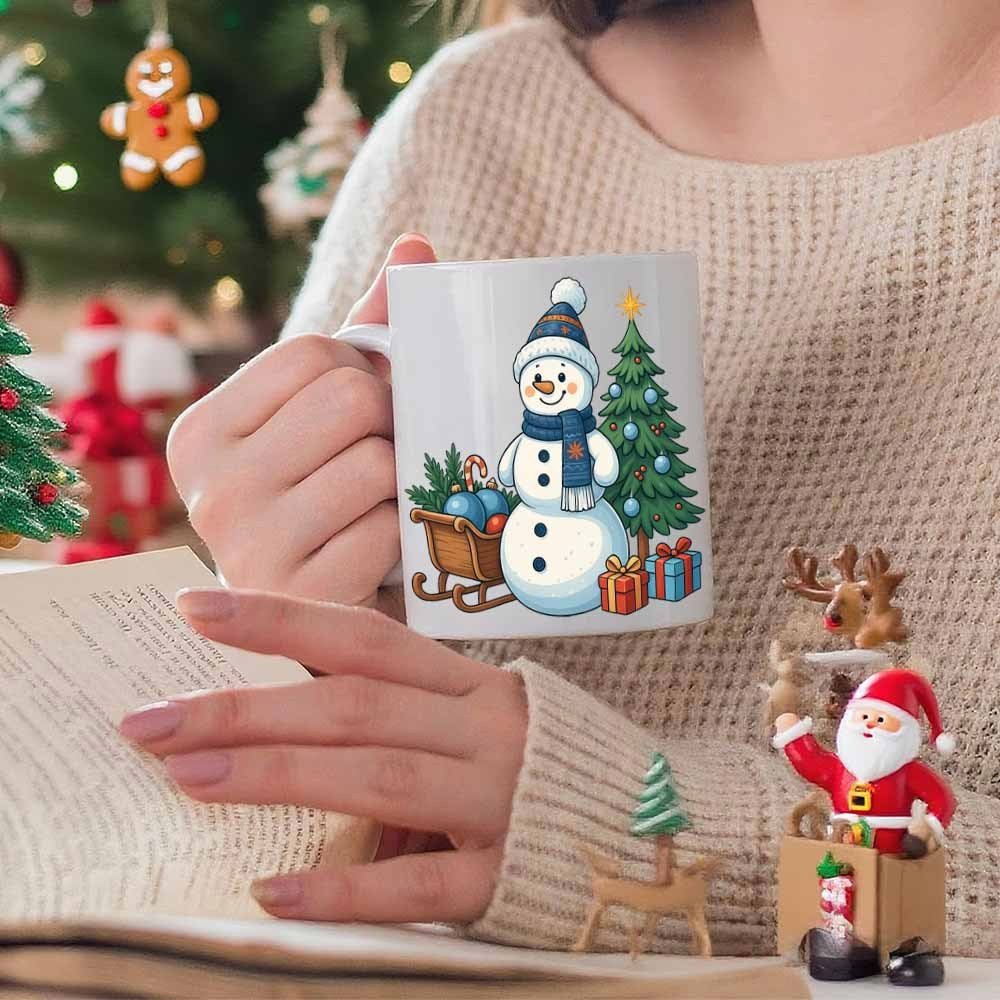 Tailorly White Ceramic 11 oz Mug - Cheerful Winter Scene Featuring Decorated Pine Tree And Sled Next To Snowman