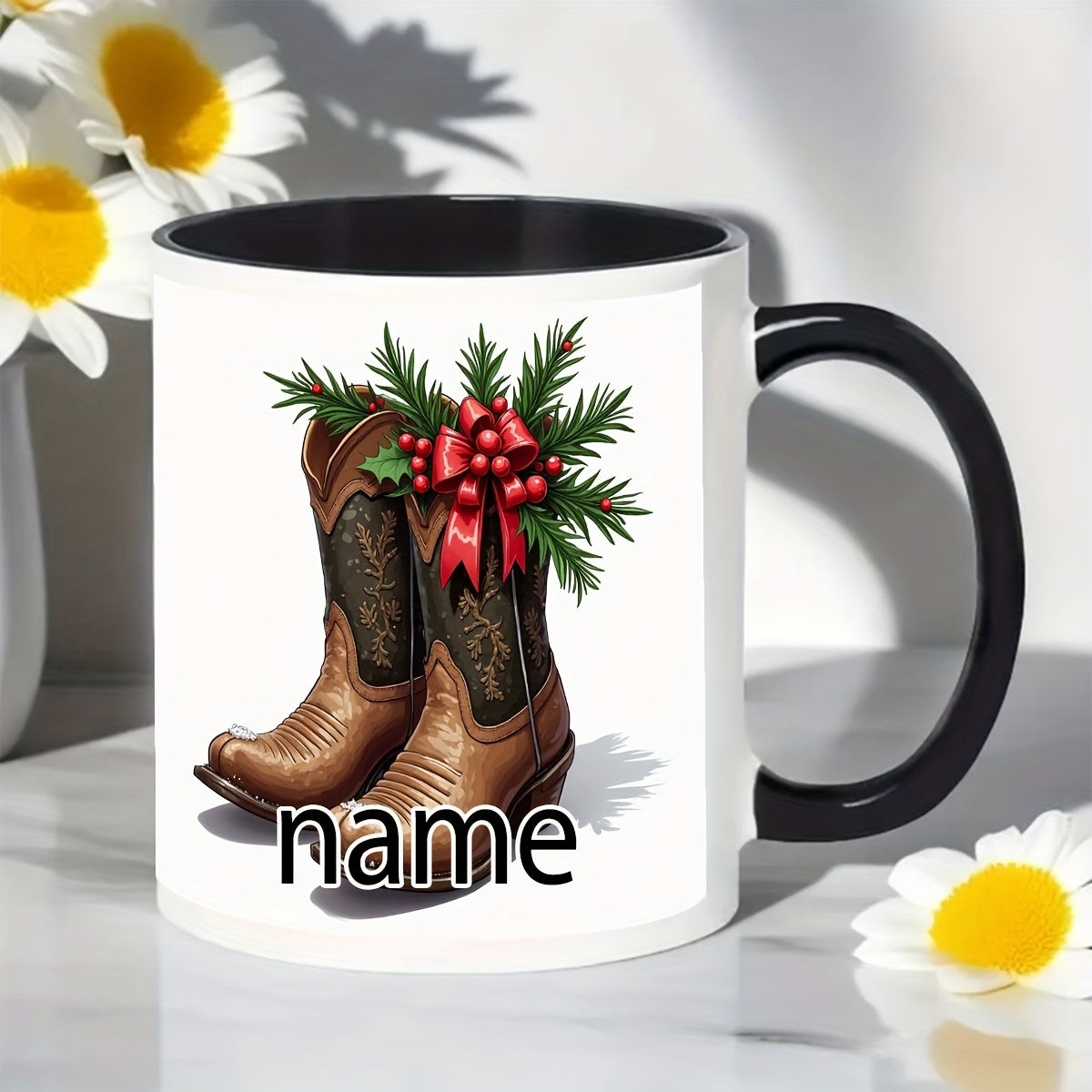 Tailorly Black Accent 11 oz Mug - christmas cowboy boot themed