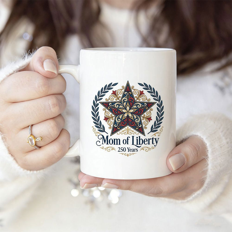 Tailorly White Ceramic 11 oz Mug - Mom Of Liberty Ornate Patriotic Star With Decorative Filigree Patterns Framed By Elegant Laurel Wreath Star