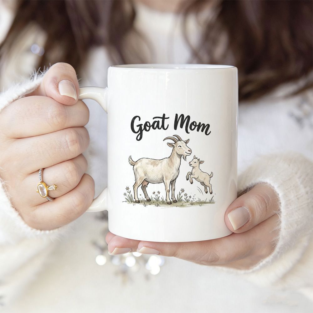 Tailorly White Ceramic 11 oz Mug - Goat Mom Charming Mother And Jumping Baby Kid Standing In Meadow Goat