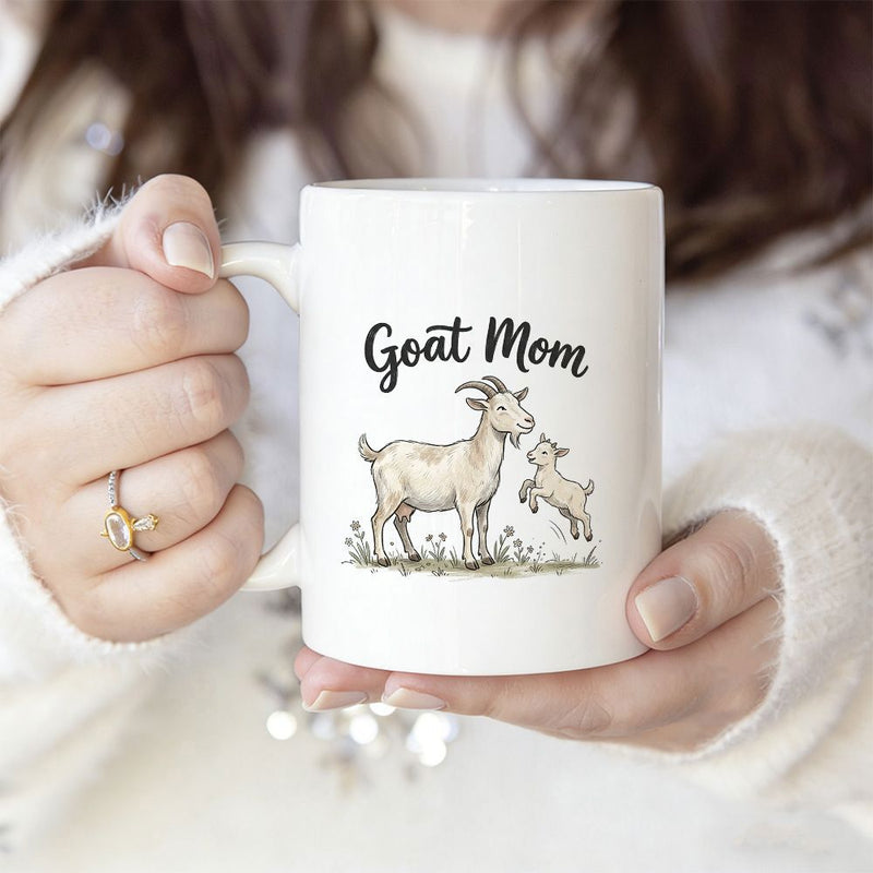 Tailorly White Ceramic 11 oz Mug - Goat Mom Charming Mother And Jumping Baby Kid Standing In Meadow Goat