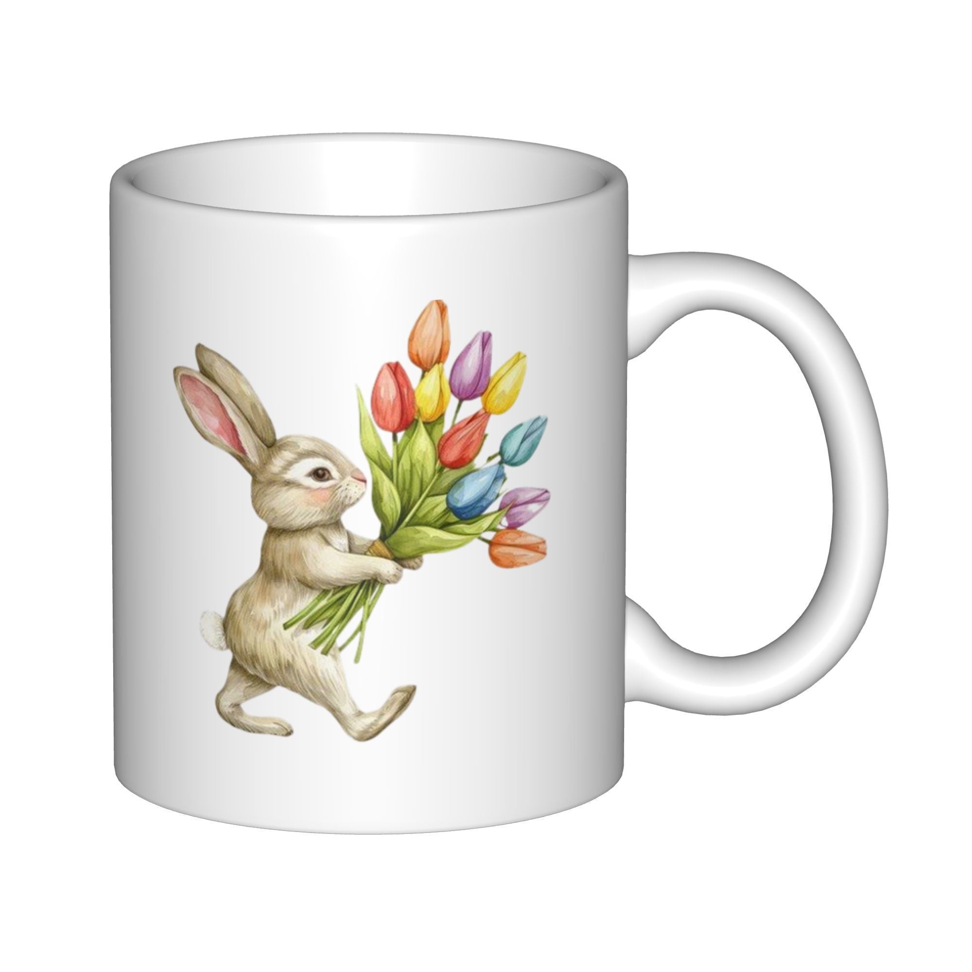 Tailorly White Ceramic 11 oz Mug - Adorable Watercolor Bunny Carrying A Vibrant Colorful Spring Tulip Bouquet Rabbit