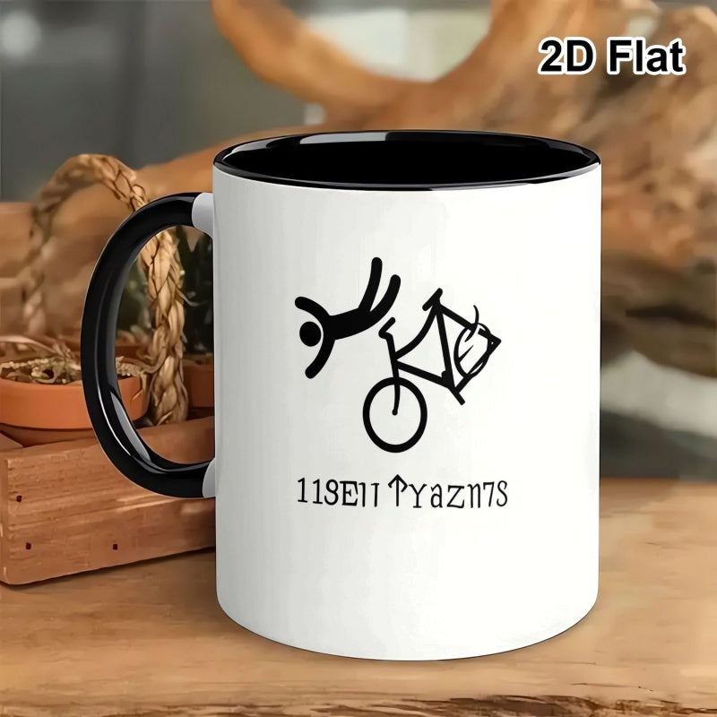 Tailorly Black Accent 11 oz Mug - humorous stickman graphic of a bike fall