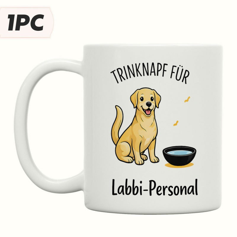 Tailorly White Ceramic 11 oz Mug - Sitting Golden Labrador Retriever Beside A Small Black Water Bowl Dog