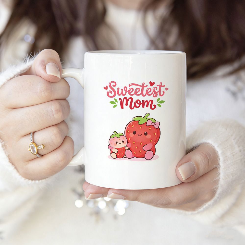 Tailorly White Ceramic 11 oz Mug - Sweetest Mom Adorable Cartoon Fruit Family With Pink Hearts And Green Leaves Strawberry