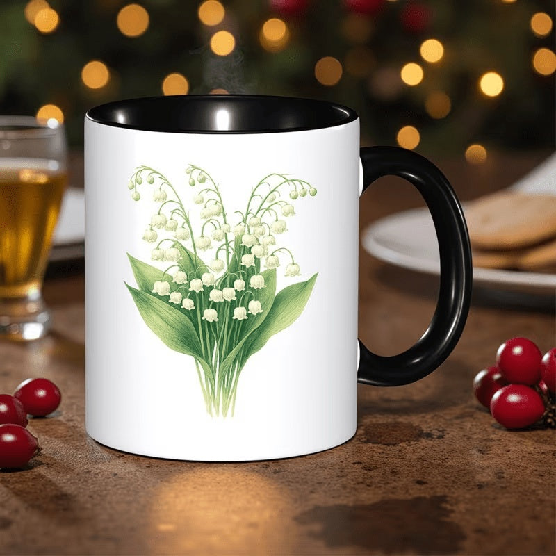 Tailorly Black Accent 11 oz Mug - Lily of the Valley floral pattern