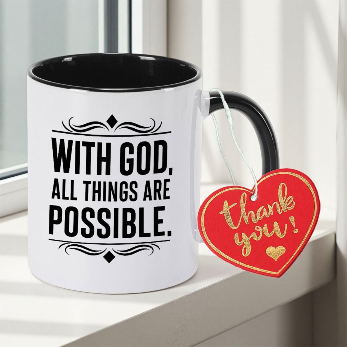 Tailorly Black Accent 11 oz Mug - With God All Things Are Motivational Text