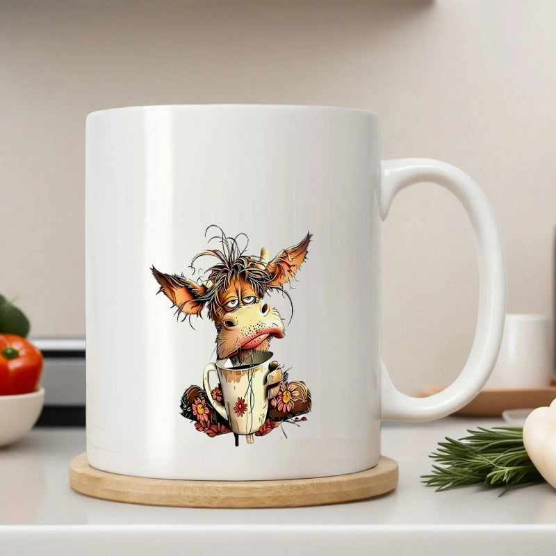 Tailorly White Ceramic 11 oz Mug - Funny Scruffy Exhausted Animal With Messy Hair Holding A Hot Beverage Mug Donkey