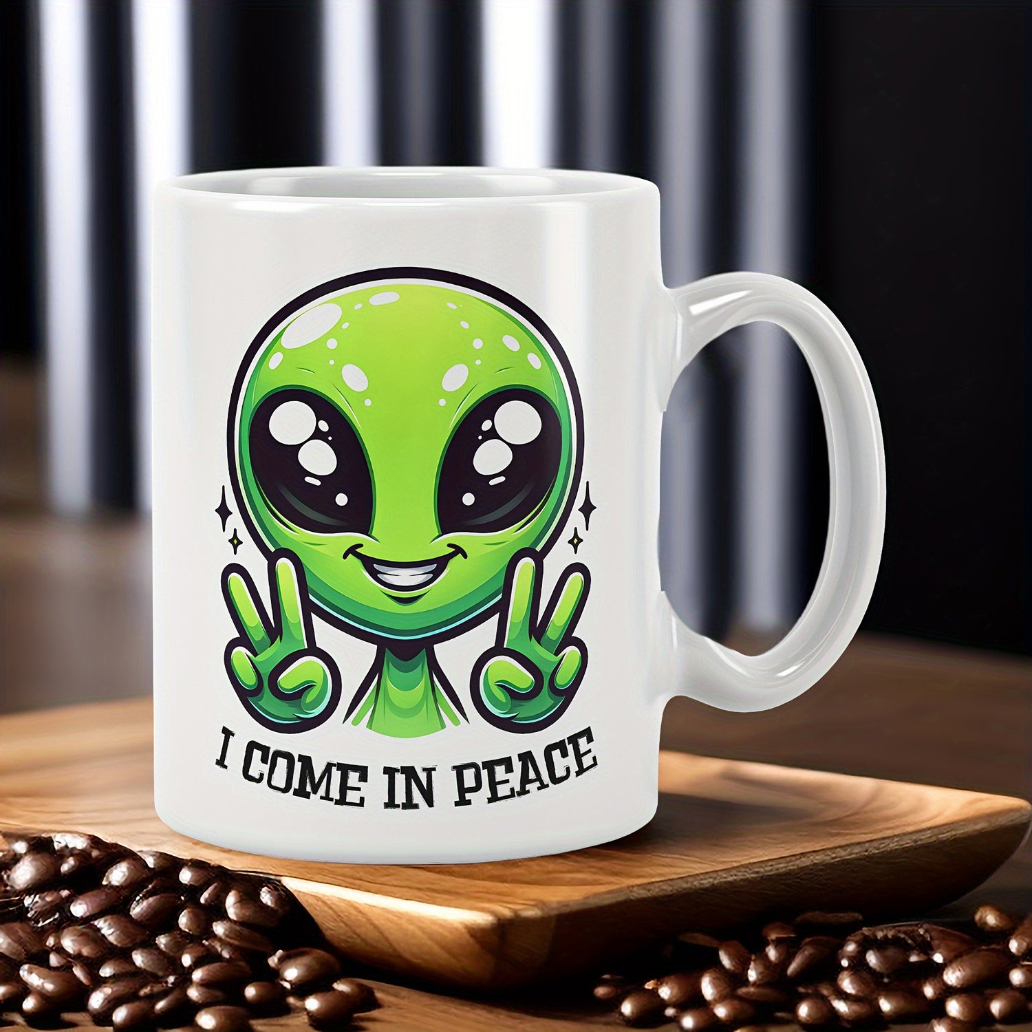 Tailorly White Ceramic 11 oz Mug - I Come In Peace Friendly Green Extraterrestrial Being Showing Hand Victory Sign Gesture Alien