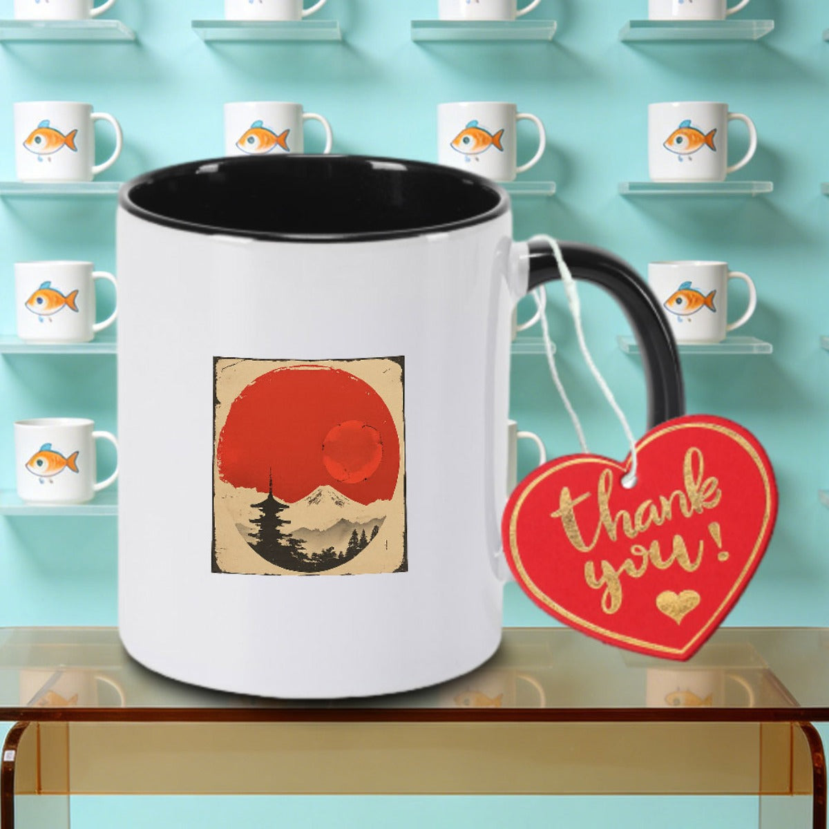 Tailorly Black Accent 11 oz Mug - Japanese-inspired red sun and mountain