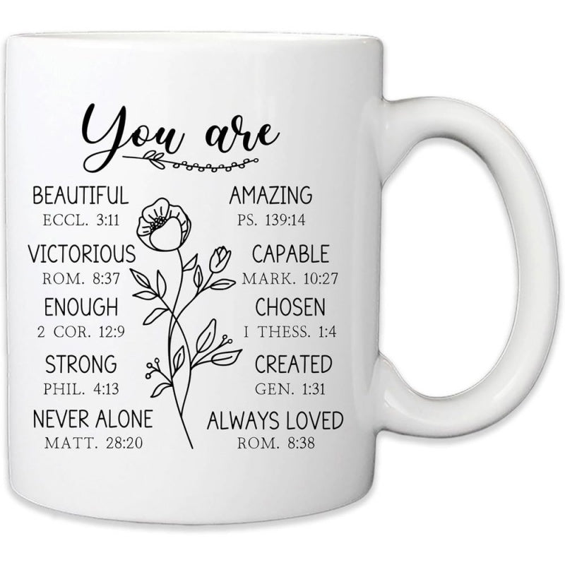 Tailorly White Ceramic 11 oz Mug - You Are Beautiful Amazing Victorious Capable Enough Chosen Strong Created Never Alone Always Loved Simple Minimalist Black Line