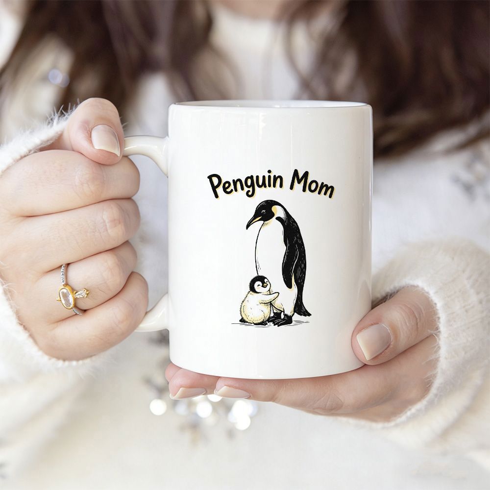 Tailorly White Ceramic 11 oz Mug - Penguin Mom Adult Penguin Nurturing Small Baby Chick On White Background Penguin