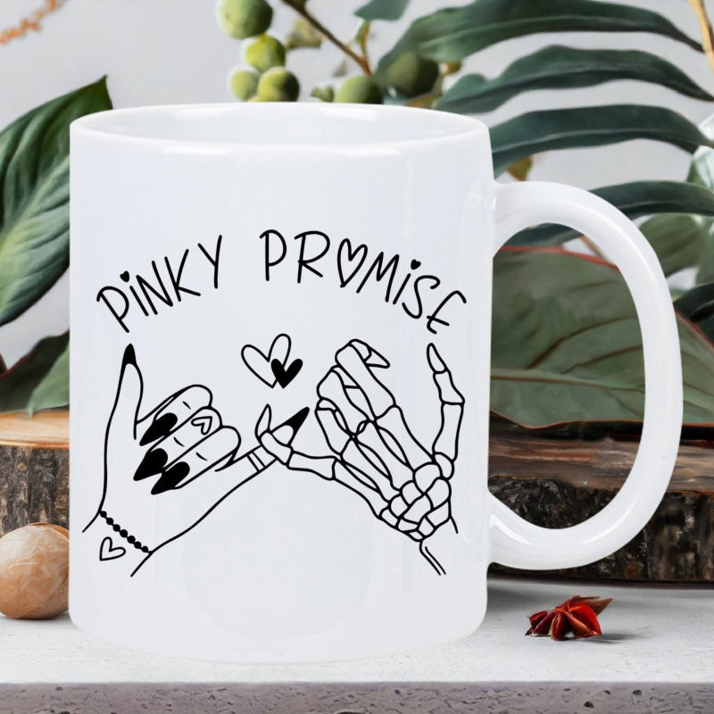 Tailorly White Ceramic 11 oz Mug - Pinky Promise Gothic Skeleton And Human Hands Making A Romantic Gesture Hands
