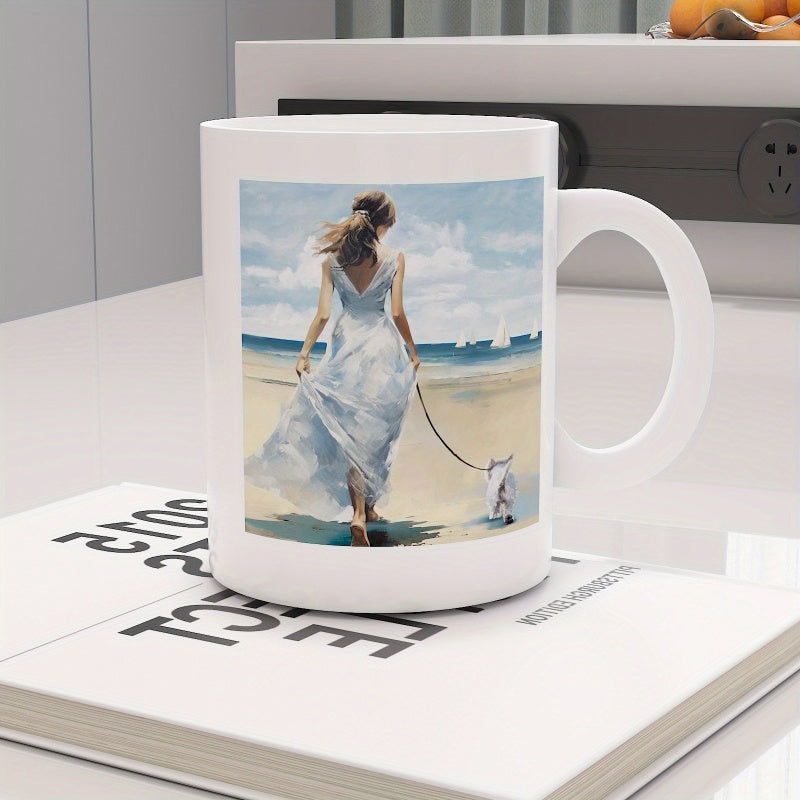 Tailorly White Ceramic 11 oz Mug - Elegant Lady In Flowing Dress Walking Little Dog On Sandy Sunny Shore Woman