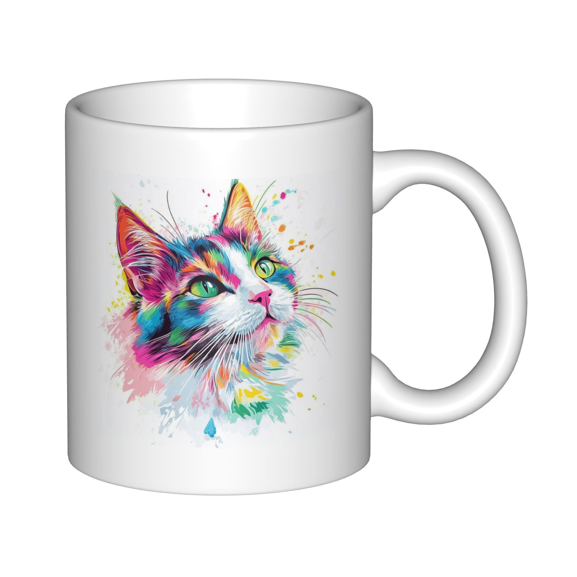 Tailorly White Ceramic 11 oz Mug - Vibrant Watercolor Splatter Art With Bright Rainbow Colors Majestic Feline Cat