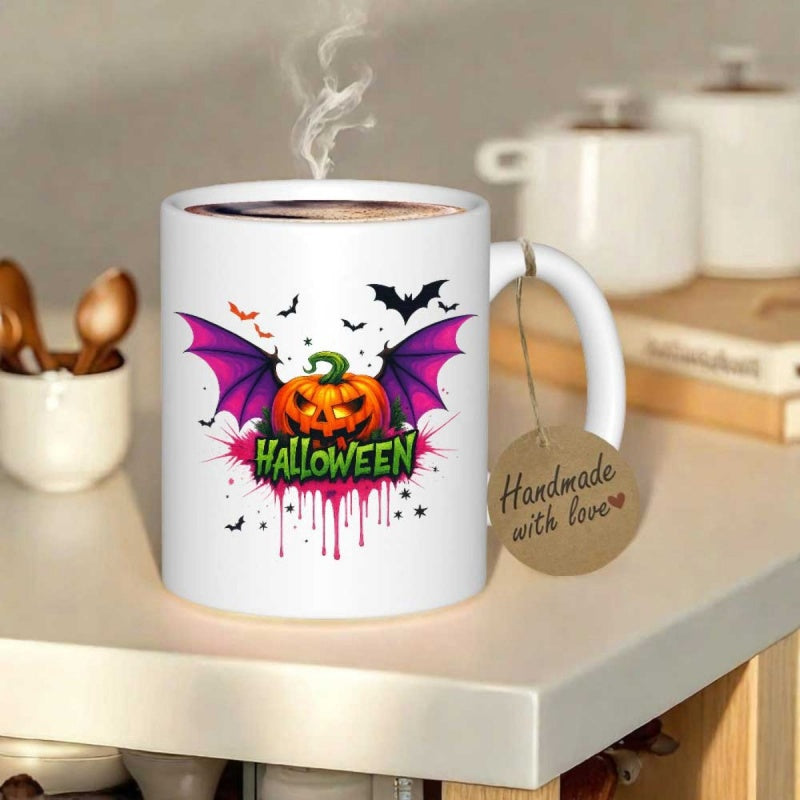Tailorly White Ceramic 11 oz Mug - Halloween Spooky Jack O Lantern With Vibrant Purple Bat Wings And Tiny Flying Bats Pumpkin
