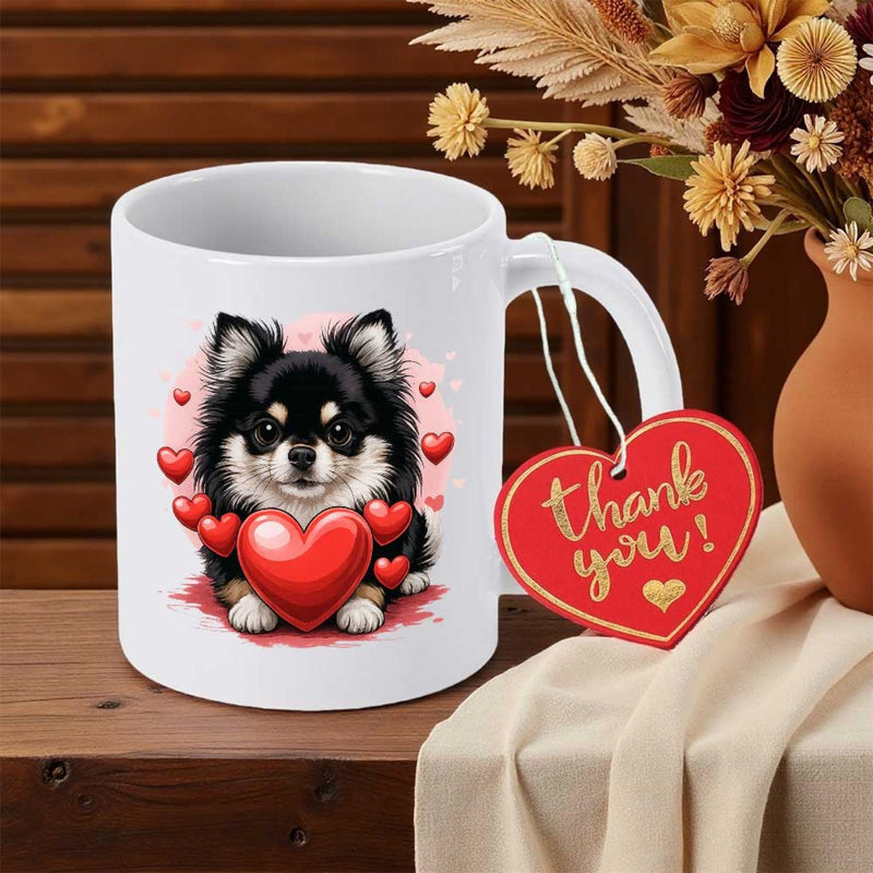 Tailorly White Ceramic 11 oz Mug - Thank You Fluffy Long Haired Chihuahua Holding Vibrant Red Love Heart Chihuahua