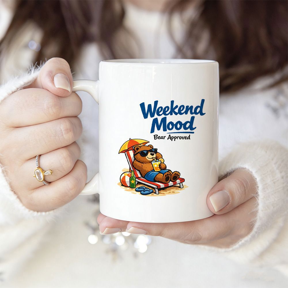 Tailorly White Ceramic 11 oz Mug - Weekend Mood Beer Approved Relaxing In Beach Chair Under Umbrella Wearing Sunglasses On Sand Bear