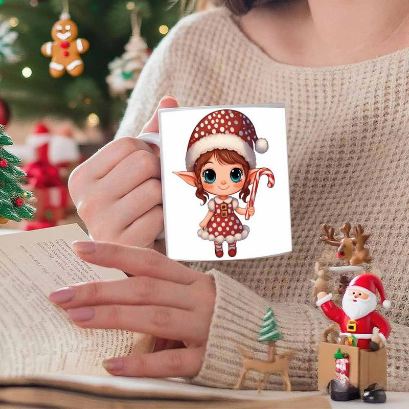 Tailorly White Ceramic 11 oz Mug - Cute Festive Christmas Girl Wearing Red Polka Dot Dress Holding Candy Cane Elf