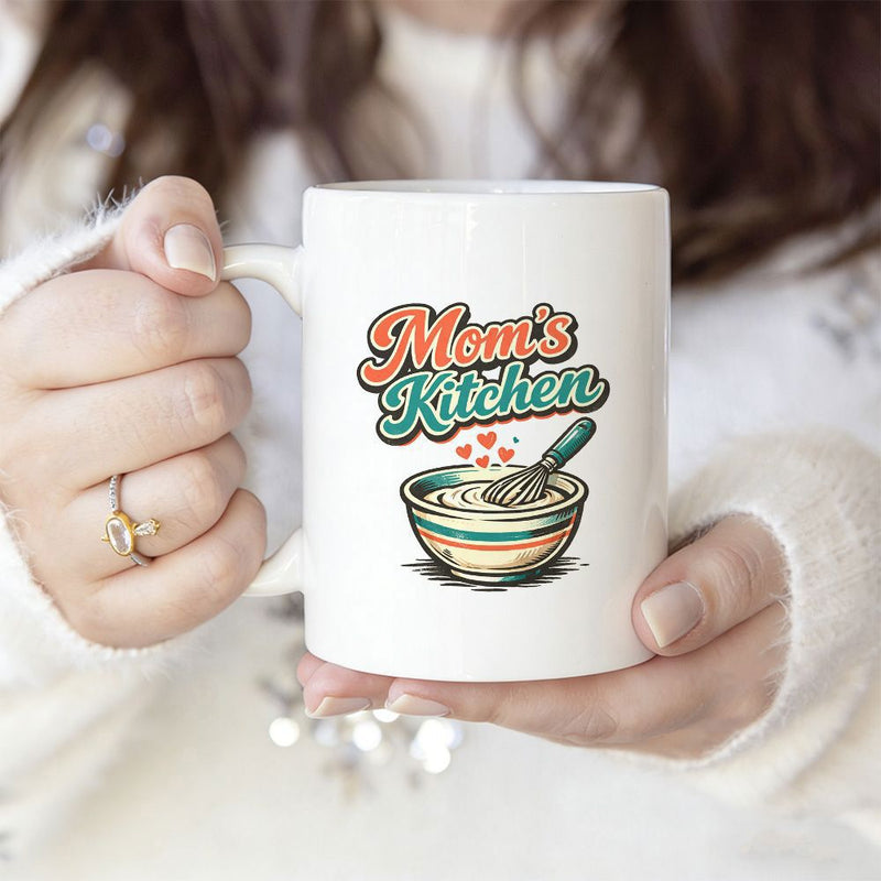 Tailorly White Ceramic 11 oz Mug - Mom's Kitchen Retro Style Mixing Bowl With Whisk And Floating Hearts Bowl