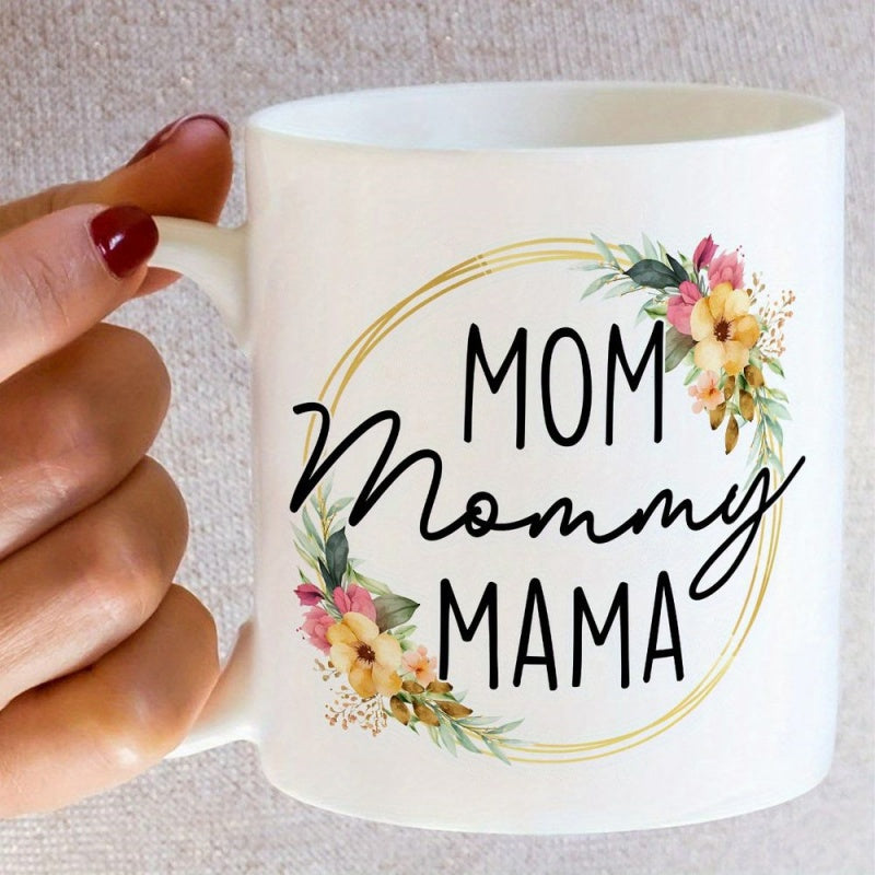 Tailorly White Ceramic 11 oz Mug - Mom Mommy Mama Elegant Golden Circular Frame Decorated With Delicate Pastel Watercolor Blooming Flower