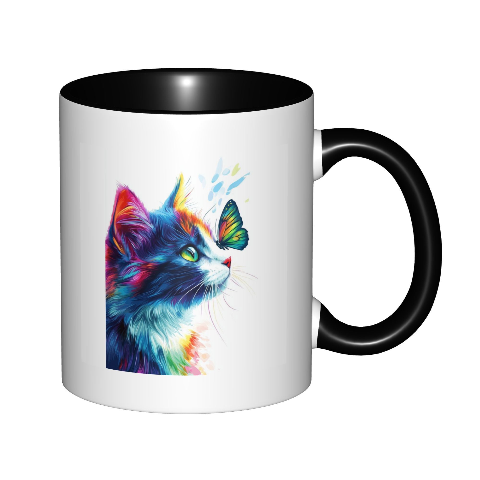 Tailorly Black Accent 11 oz Mug - rainbow cat ceramic mug black accent coffee mug with vibrant feline art animal print ceramic cup for home