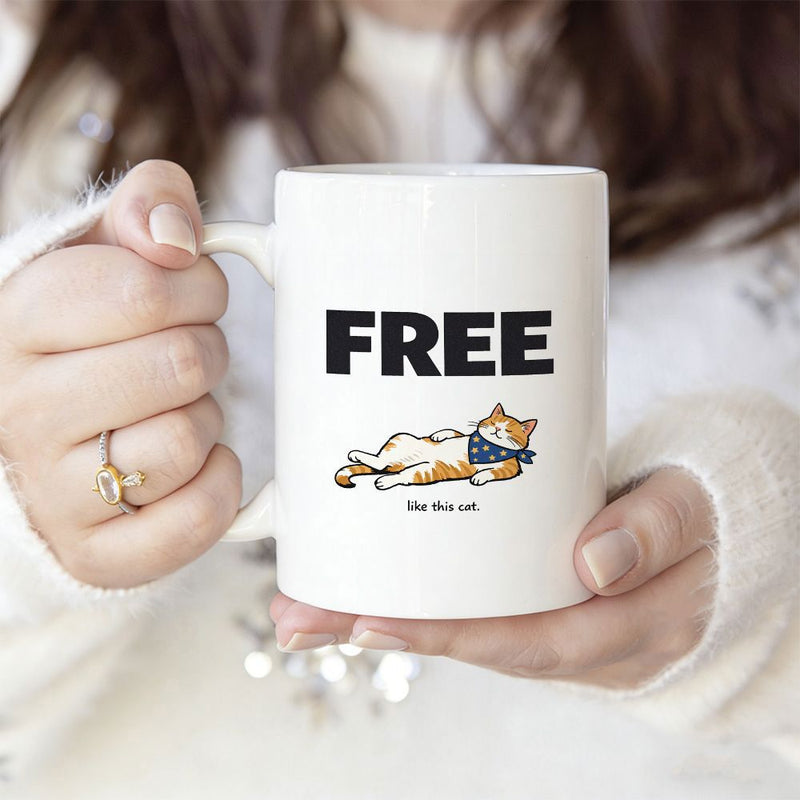 Tailorly White Ceramic 11 oz Mug - Free Like This Cat Lazy Ginger Cat Wearing Blue Bandana Resting On Back Cat