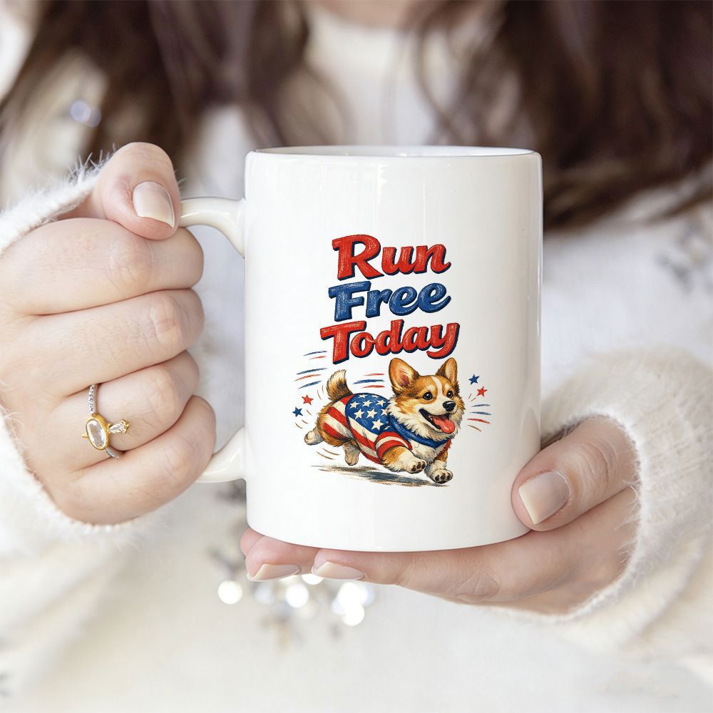 Tailorly White Ceramic 11 oz Mug - Run Free Today Happy Running Corgi Dog Wearing Patriotic American Flag Outfit With Stars Corgi