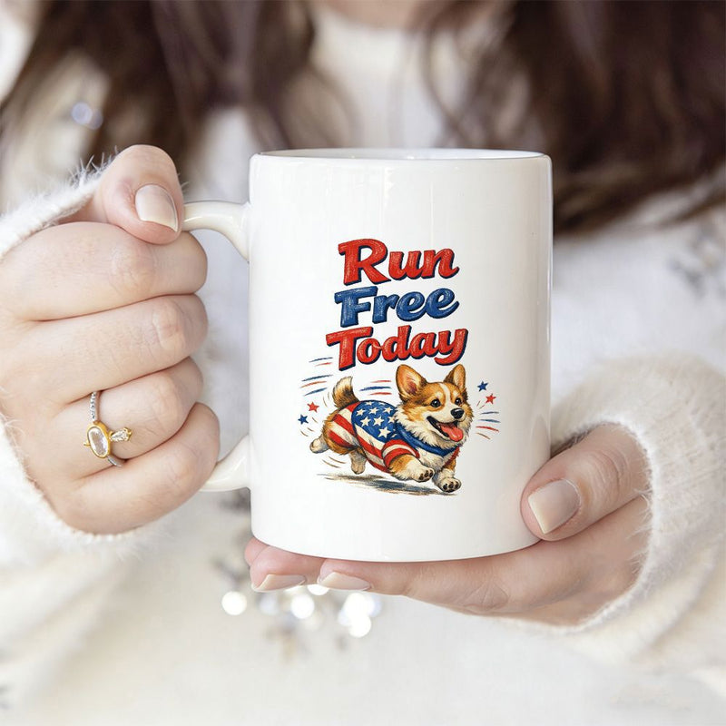 Tailorly White Ceramic 11 oz Mug - Run Free Today Happy Running Corgi Dog Wearing Patriotic American Flag Outfit With Stars Corgi