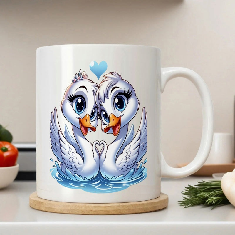 Tailorly White Ceramic 11 oz Mug - Two Lovely Cartoon Birds Floating On Blue Rippling Water With Heart Swan