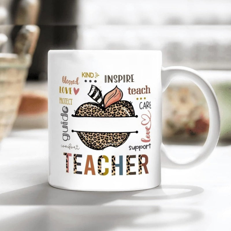 Tailorly White Ceramic 11 oz Mug - Blessed Love Protect Guide Comfort Kind Inspire Teach Care Love Support Teacher Artistic Leopard Texture Pattern Split Between