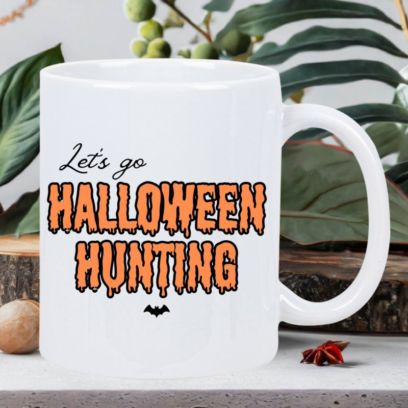 Tailorly White Ceramic 11 oz Mug - Let's Go Halloween Hunting Spooky Dripping Orange Lettering Featuring Small Flying Black Bat Ceramic