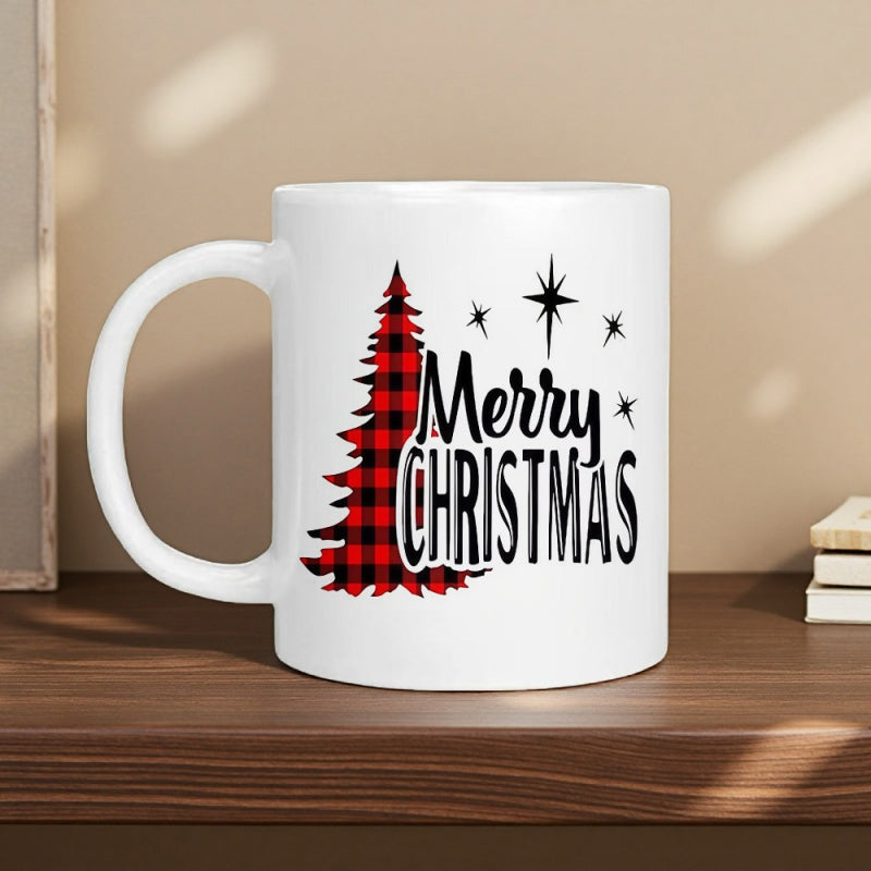 Tailorly White Ceramic 11 oz Mug - Merry Christmas Festive Red And Black Checkered Buffalo Plaid With Sparkling Black Stars Tree