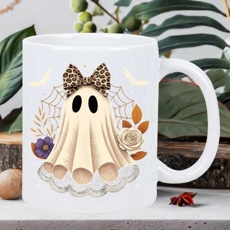 Tailorly White Ceramic 11 oz Mug - Cute Patterned Ghost With Leopard Bow Among Webs And Flowers Ghost