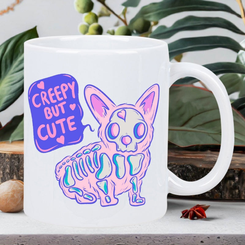 Tailorly White Ceramic 11 oz Mug - Creepy But Cute Pastel Pink Skeleton Character With Heart Eyes And Lavender Bones Dog