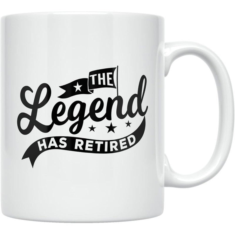 Tailorly White Ceramic 11 oz Mug - The Legend Has Retired Minimalist Typography Style With Black Script And Decorative Stars Mug