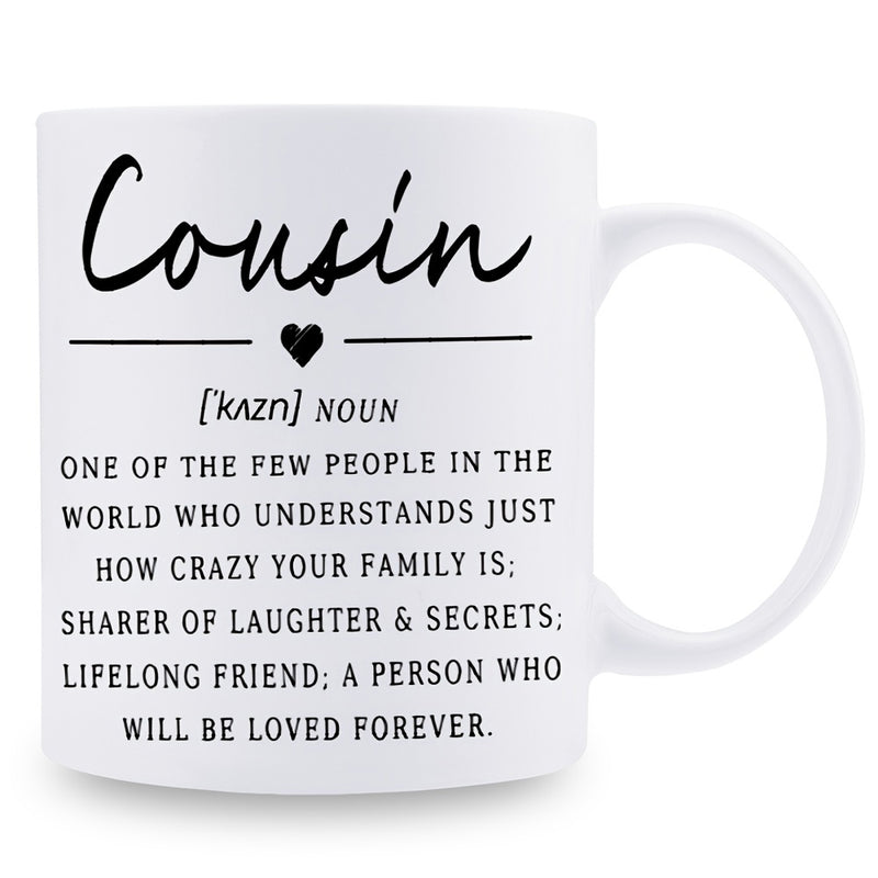 Tailorly White Ceramic 11 oz Mug - Cousin Definition Minimalist With Black Elegant Text Script Mug