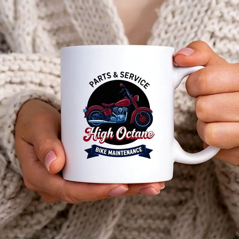 Tailorly White Ceramic 11 oz Mug - Parts Service High Octane Bike Maintenance Classic Vintage Red Cruiser Motorcycle Inside Circular Dark Silhouette Frame