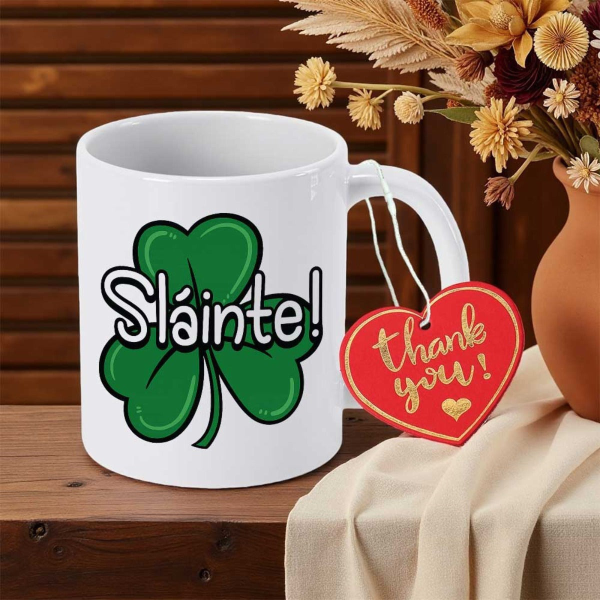Tailorly White Ceramic 11 oz Mug - Slainte Three Leaf Green Shamrock Symbol With Dark Bold Outlines And Highlights Clover