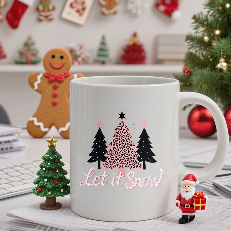 Tailorly White Ceramic 11 oz Mug - Let It Snow Leopard Print Patterned Tree Standing Between Two Solid Black Evergreen Christmas Tree