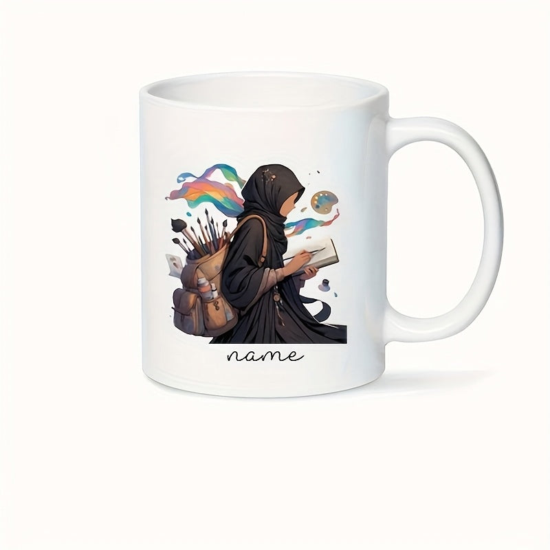 Tailorly White Ceramic 11 oz Mug - Name Creative Artist Carrying Brushes And Book With Colorful Vibrant Swirls Girl